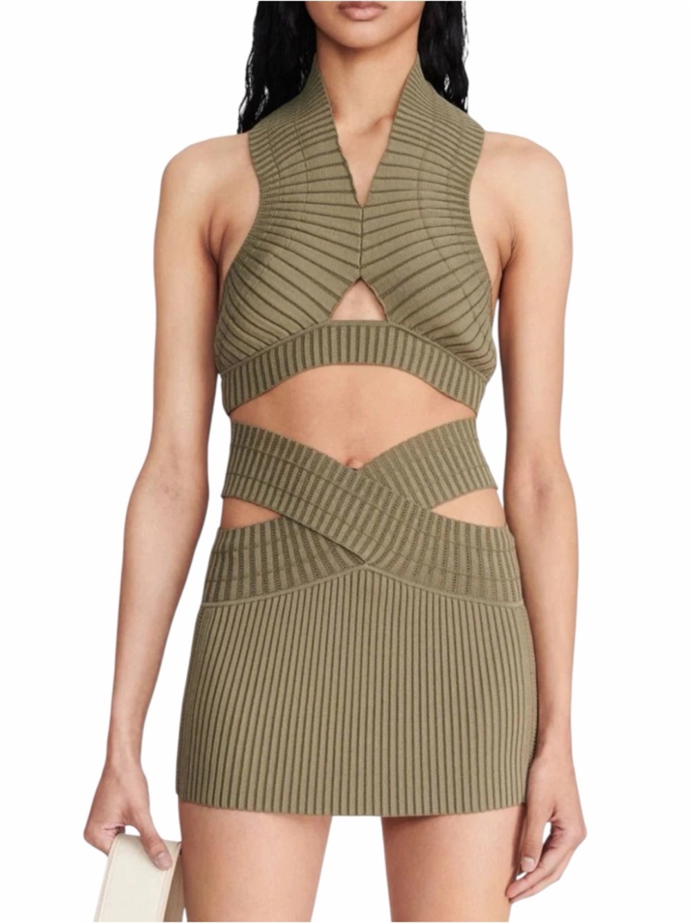 NWT Dion Lee Snakeskin X-Bra Ribbed Cropped Top in Sage Green Size L Large